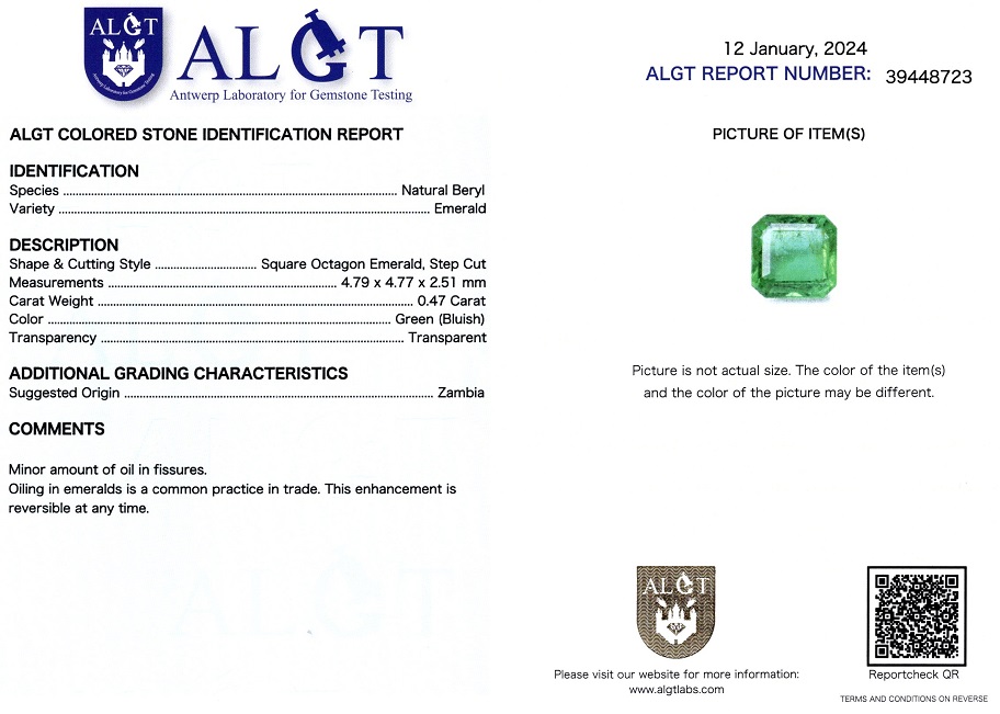 Smarald 0,47 ct., Zambia, ALGT Antwerp