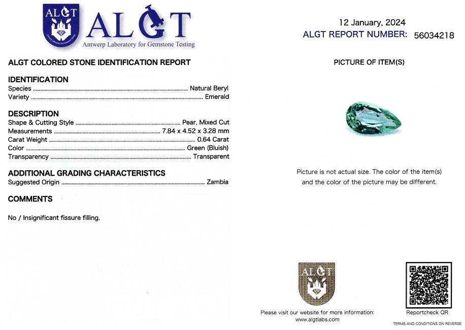 Smarald 0,64 ct., Zambia, ALGT Antwerp