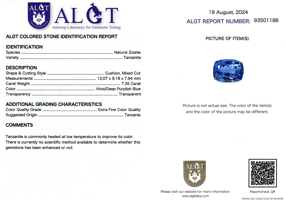 Tanzanit 7,35 ct., Tanzania, Extra Fine Color Quality, ALGT Antwerp