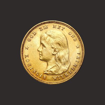 Moneda aur 10 guldeni olandezi, tanara Regina Wilhelmina