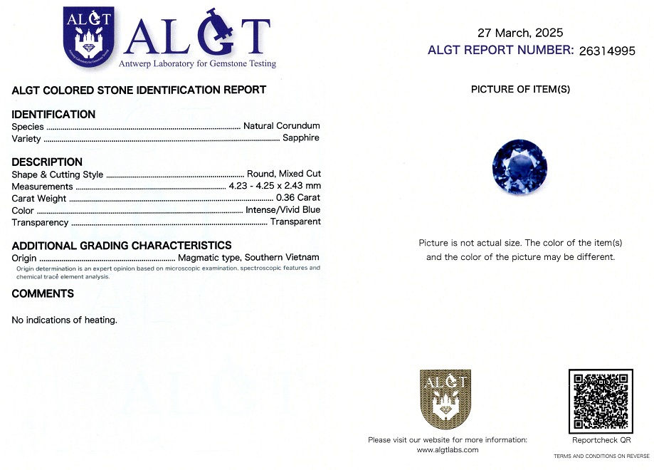 Safir 0,36 Ct., Magmatic, Vietnam, Neincalzit, Certificare ALGT Antwerp Sku C