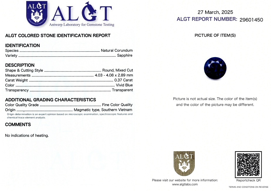 Safir 0,37 Ct., Magmatic, Vietnam, Neincalzit, Fine Color Quality, ALGT Antwerp Sku C
