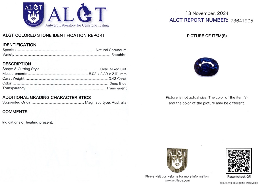 Safir 0,43 Ct., Magmatic, Australia, Certificare ALGT Antwerp Sku C