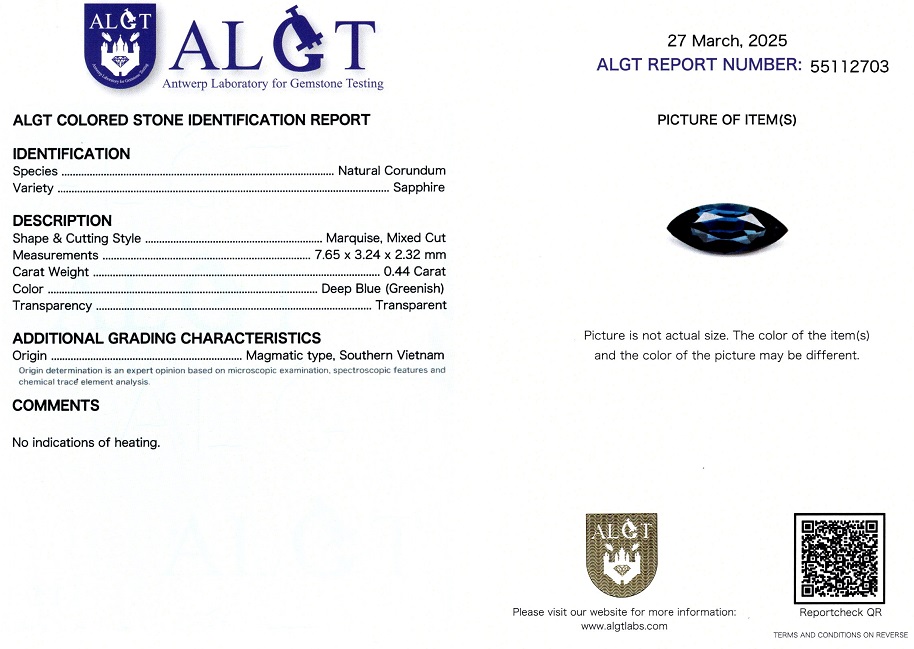 Safir 0,44 Ct., Magmatic, Vietnam, Neincalzit, Certificare ALGT Antwerp Sku C