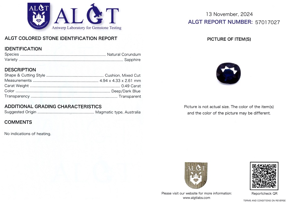 Safir 0,49 Ct., Magmatic, Australia, Neincalzit, Certificare ALGT Antwerp Sku C