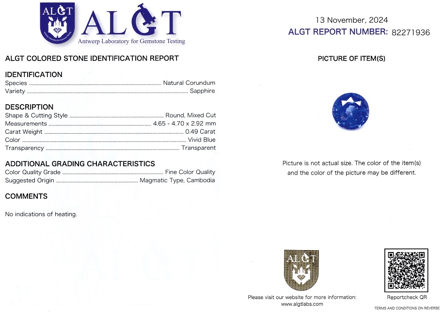 Safir 0,49 Ct., Magmatic, Cambodia, Neincalzit, Fine Color Quality, ALGT Antwerp Sku C