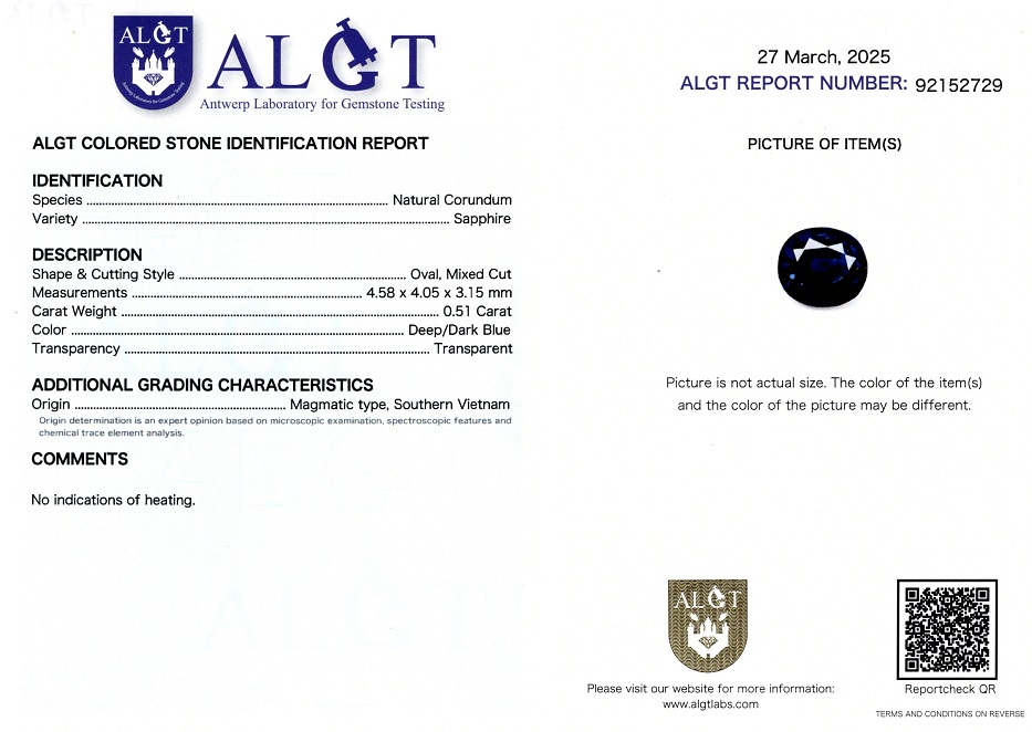 Safir 0,51 Ct., Magmatic, Vietnam, Neincalzit, Certificare ALGT Antwerp Sku C