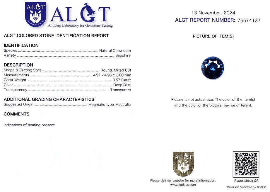 Safir 0,57 Ct., Magmatic, Australia, Certificare ALGT Antwerp Sku C