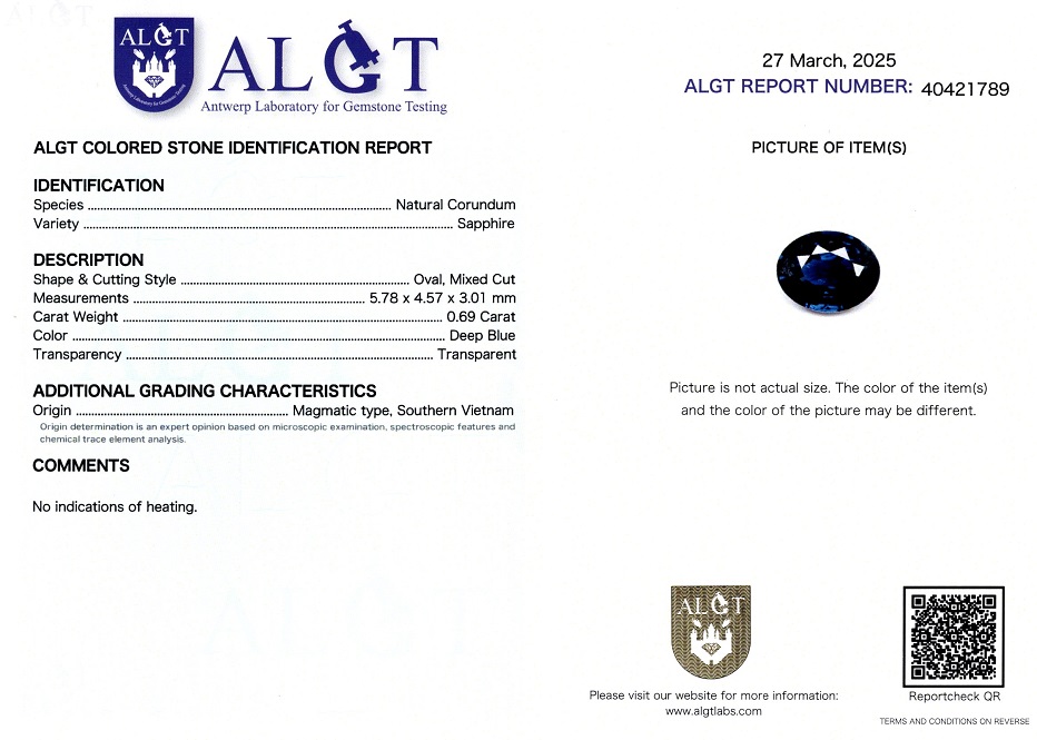 Safir 0,69 Ct., Magmatic, Vietnam, Neincalzit, Certificare ALGT Antwerp Sku C