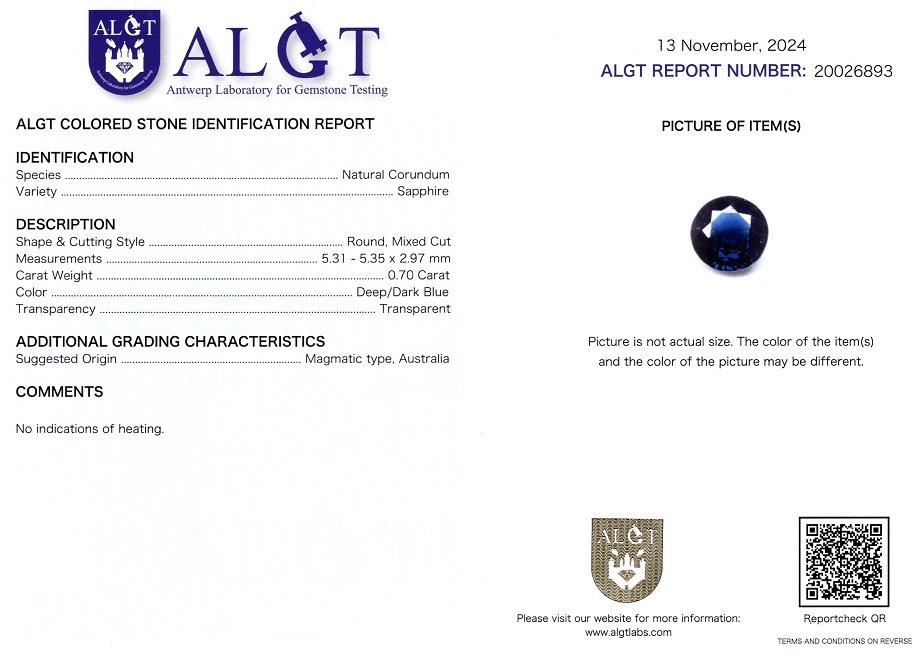 Safir 0,70 Ct., Magmatic, Australia, Neincalzit, Certificare ALGT Antwerp Sku C