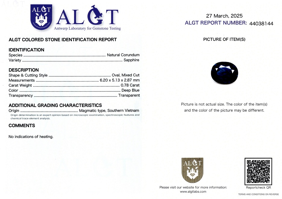 Safir 0,78 Ct., Magmatic, Vietnam, Neincalzit, Certificare ALGT Antwerp Sku C