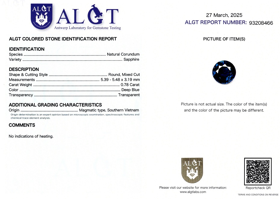 Safir 0,78 Ct., Magmatic, Vietnam, Neincalzit, Certificare ALGT Antwerp Sku10488 C