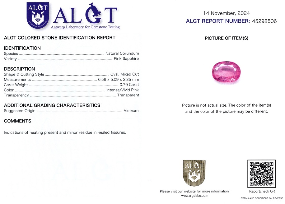 Safir 0,79 Ct., Vietnam, Certificare ALGT Antwerp Sku C