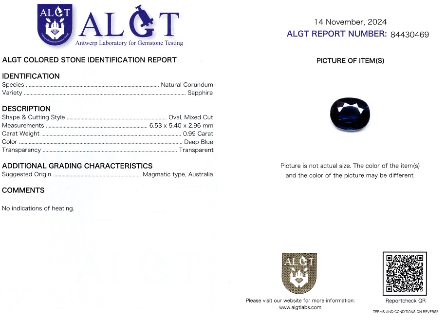 Safir 0,99 Ct., Magmatic, Australia, Neincalzit, Certificare ALGT Antwerp Sku C