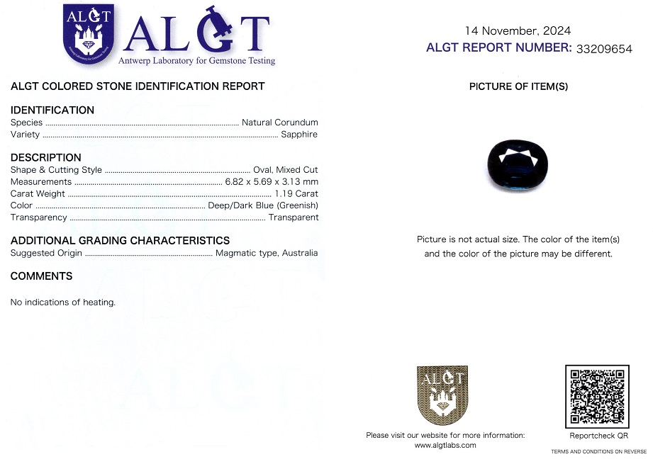 Safir 1,19 Ct., Magmatic, Australia, Neincalzit, Certificare ALGT Antwerp Sku C