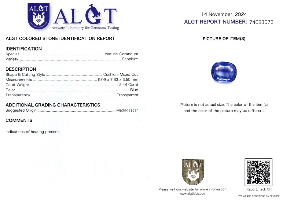 Safir 2,44 Ct., Madagascar, ALGT Antwerp Sku C