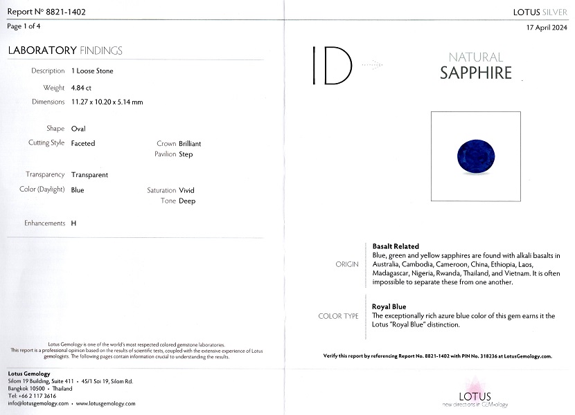 Safir Royal Blue 4,84 Ct., Tailanda Cambodia, Extra Fine Color Quality, ALGT Antwerp Sku C Lotus
