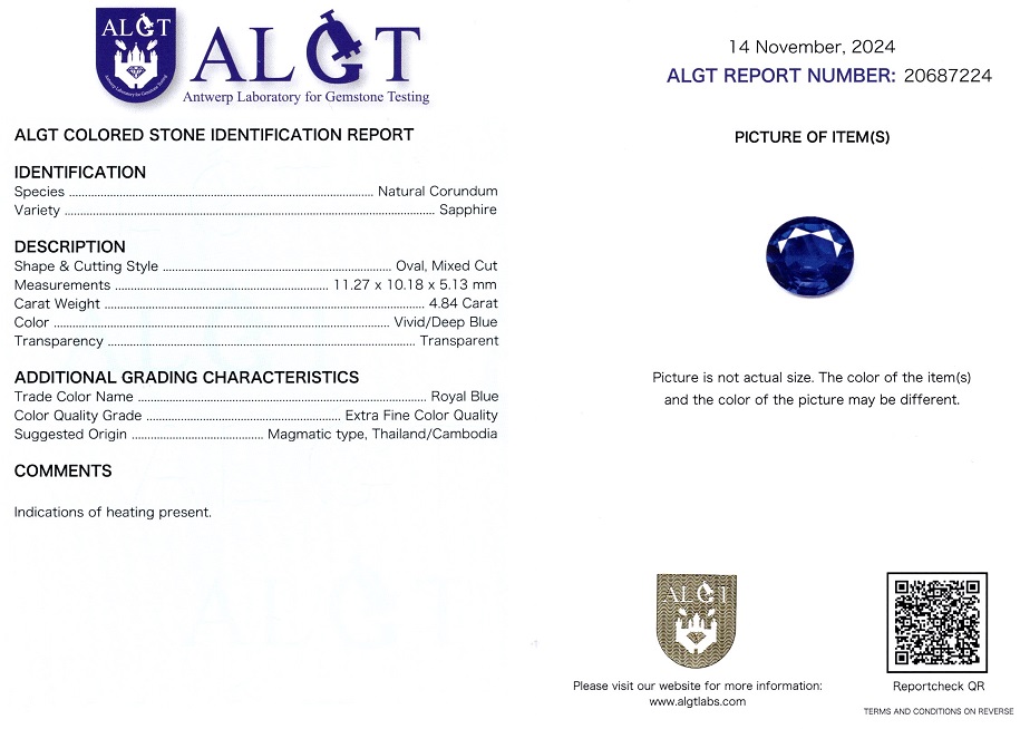 Safir Royal Blue 4,84 Ct., Tailanda Cambodia, Extra Fine Color Quality, ALGT Antwerp Sku10273 C