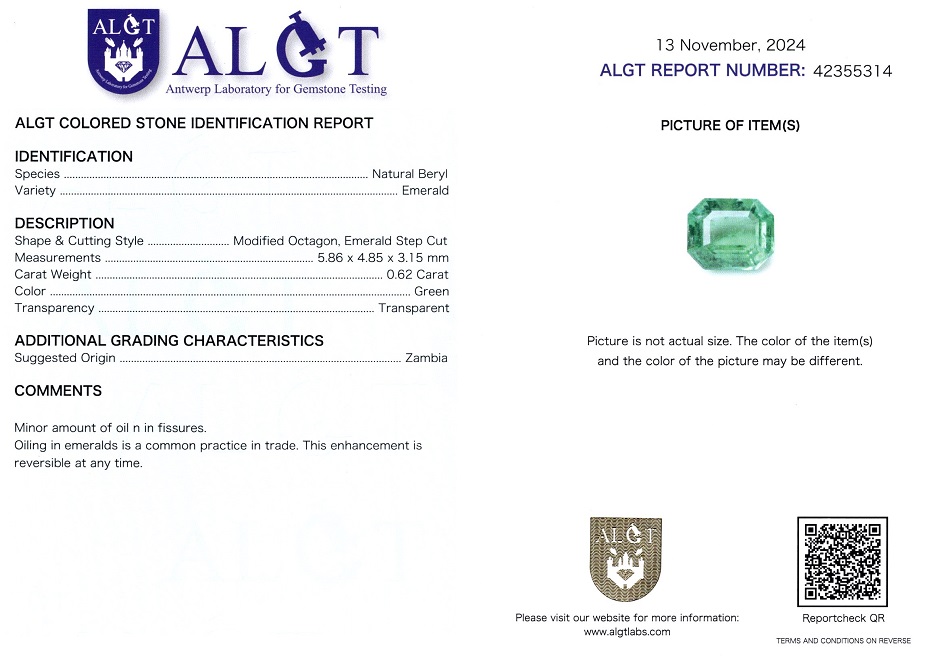 Smarald 0,62 Ct., Zambia, ALGT Antwerp Sku