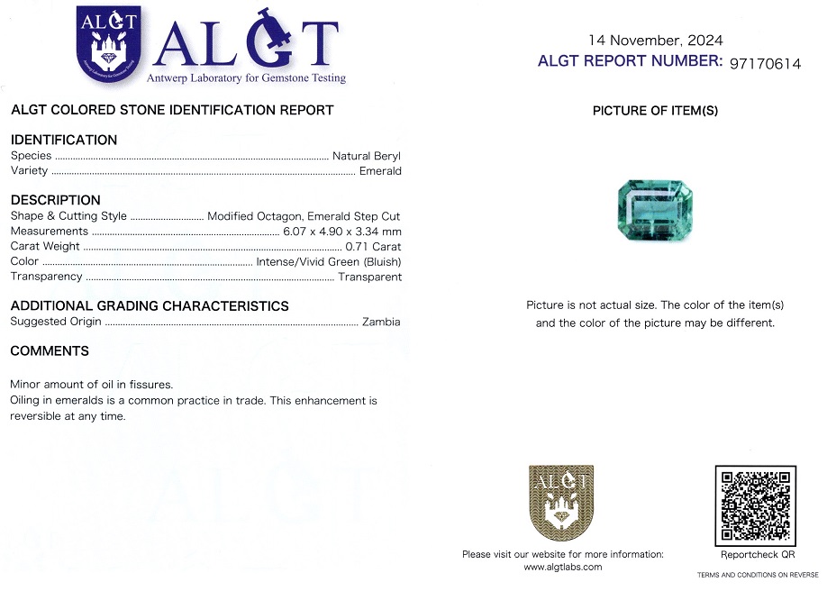 Smarald 0,71 Ct., Zambia, ALGT Antwerp Sku C