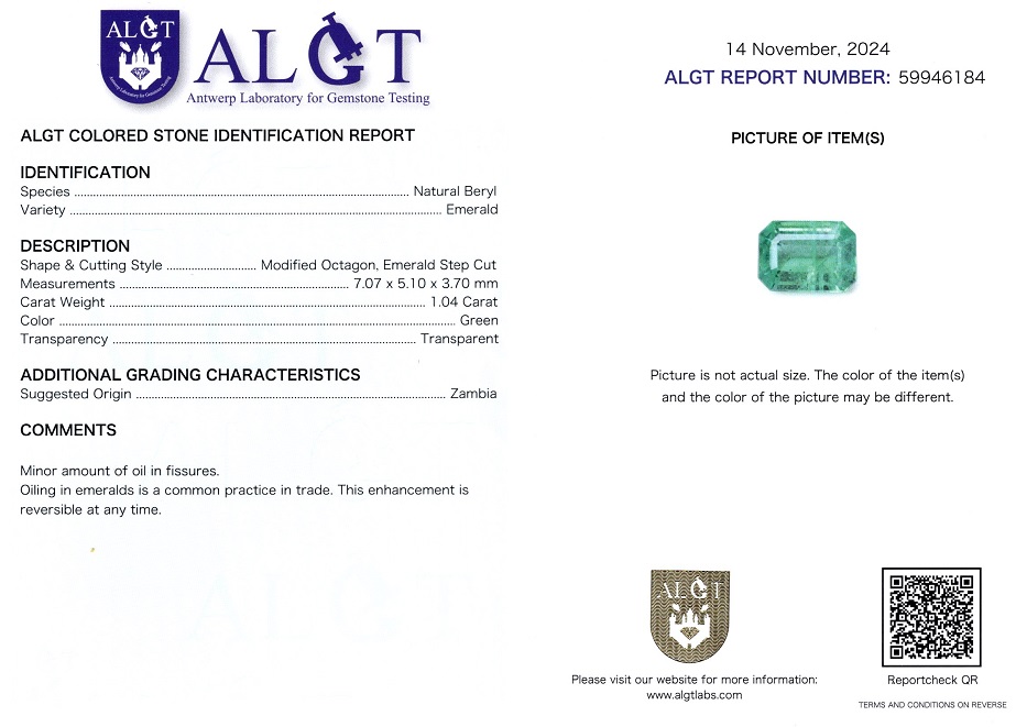 Smarald 1,04 Ct., Zambia, ALGT Antwerp Sku C