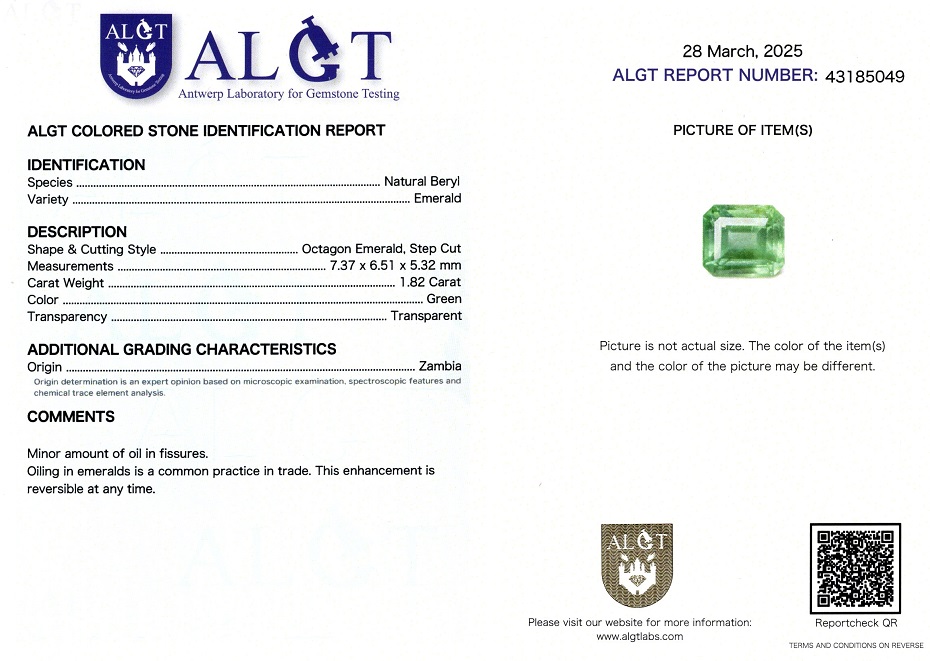 Smarald 1,82 Ct., Zambia, ALGT Antwerp Sku C