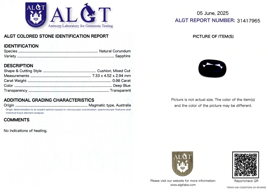 Safir 0,98 Ct., Magmatic, Australia, Neincalzit, Certificare ALGT Antwerp Sku C