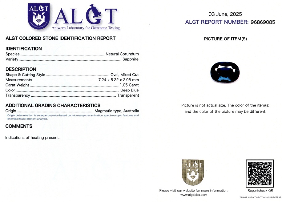 Safir 1,05 Ct., Australia, Certificare ALGT Antwerp Sku C