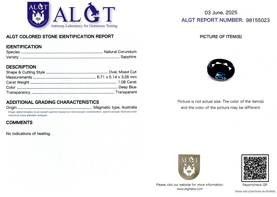 Safir 1,08 Ct., Australia, Neincalzit, Certificare ALGT Antwerp Sku C
