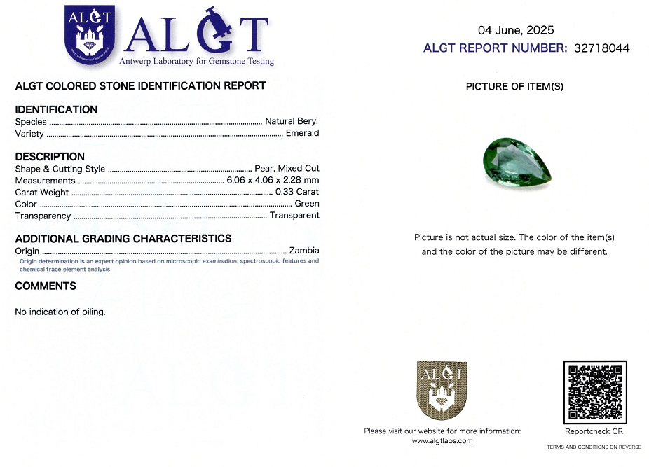 Smarald 0,33 Ct., Zambia, Certificare ALGT Antwerp Sku C
