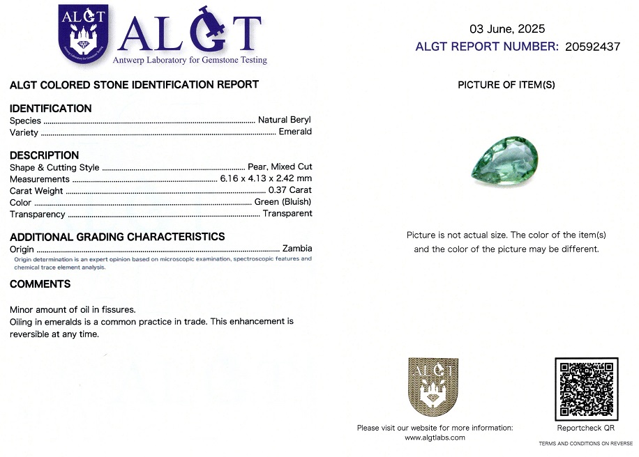 Smarald 0,37 Ct., Zambia, Certificare ALGT Antwerp Sku C