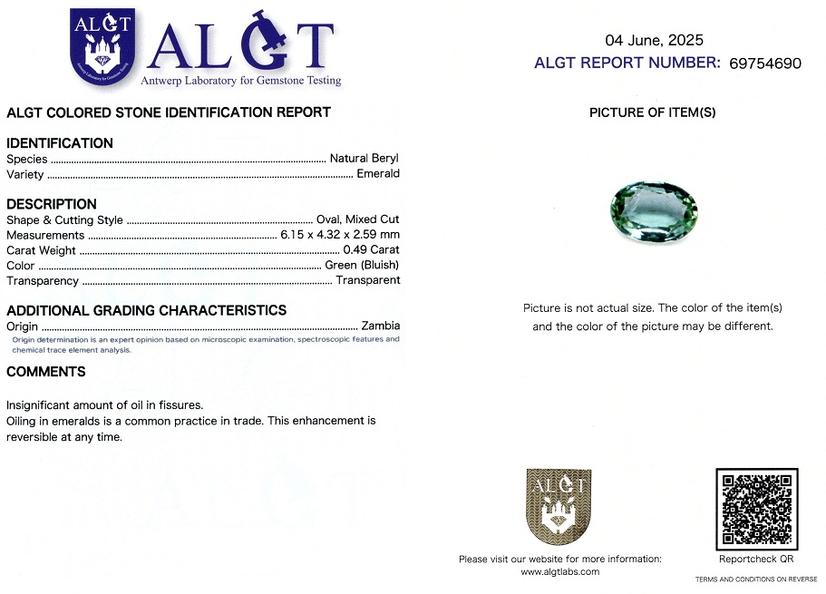 Smarald 0,49 Ct., Zambia, Certificare ALGT Antwerp Sku C