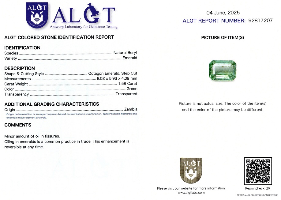Smarald 1,58 Ct., Zambia, Certificare ALGT Antwerp Sku C