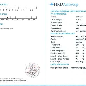 Diamant natural 0,25 ct., F, VS2, certificare HRD Antwerp