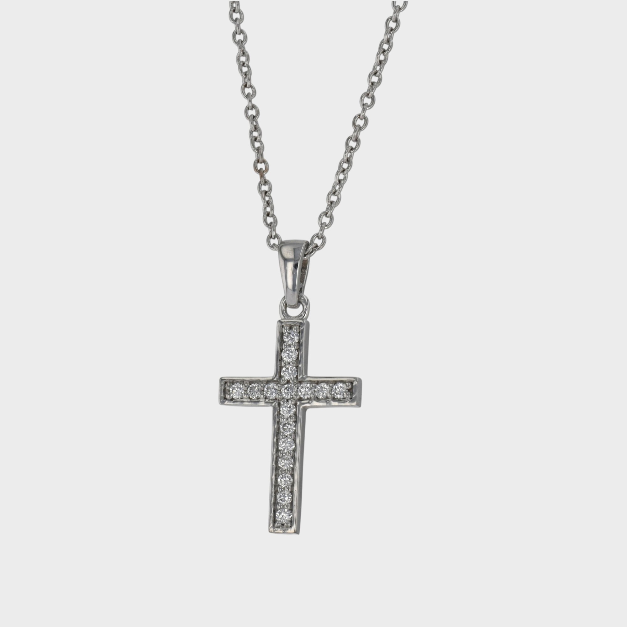 Lant cu pandantiv cruce si diamante, aur alb 18k