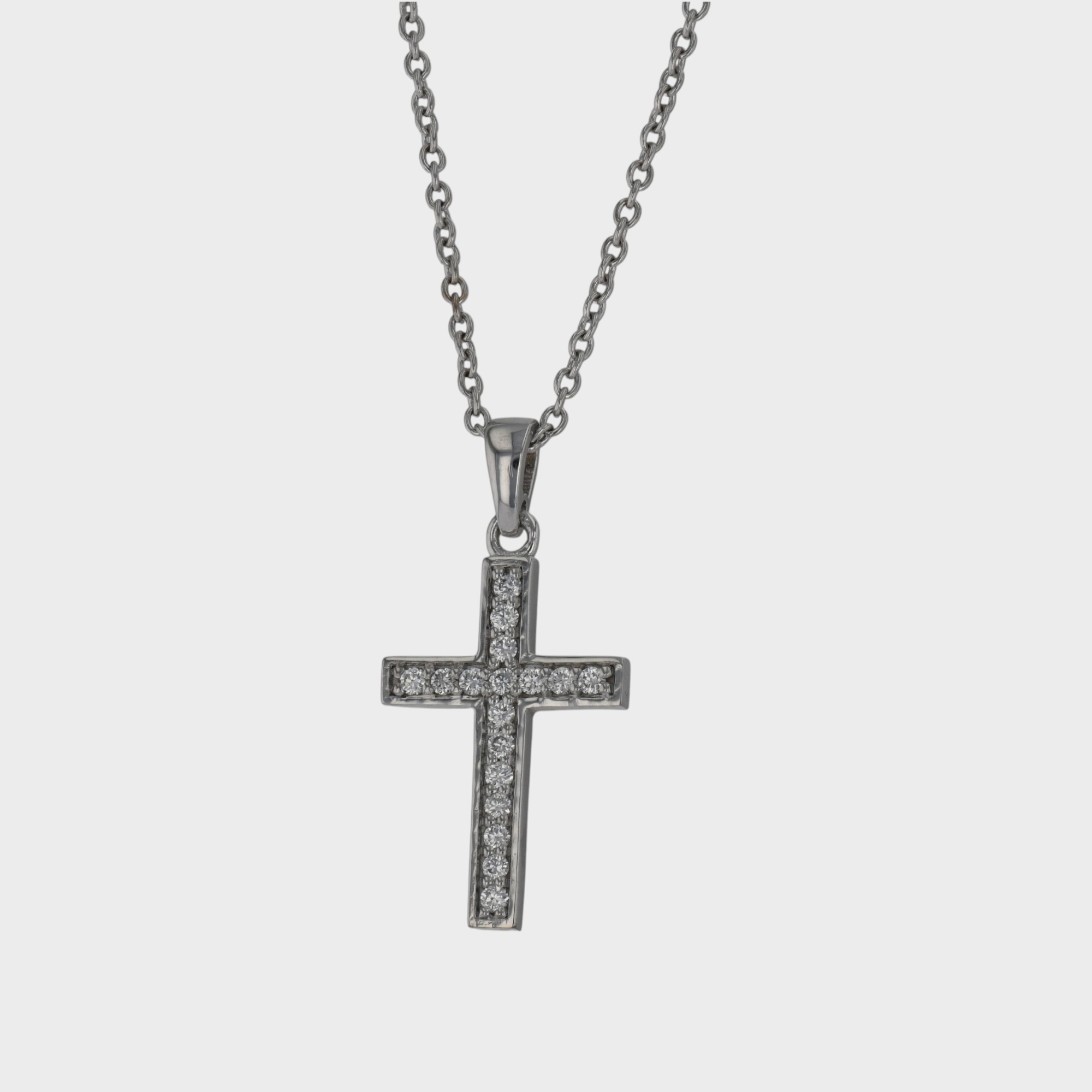 Lant cu pandantiv cruce si diamante, aur alb 18k