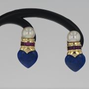 Cercei din aur 14k cu perle de cultura, rubine si lapis lazuli