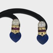 Cercei din aur 14k cu perle de cultura, rubine si lapis lazuli